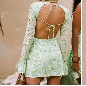 Sabo skirt Rheea Dress | mint green eyelet open back long sleeve mini dress